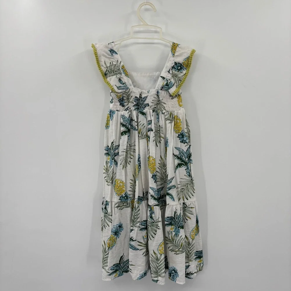 Bonnie Jean Maxi Dress Kids Size 6X White Tropical Pineapple Pom Pom Trim Summer